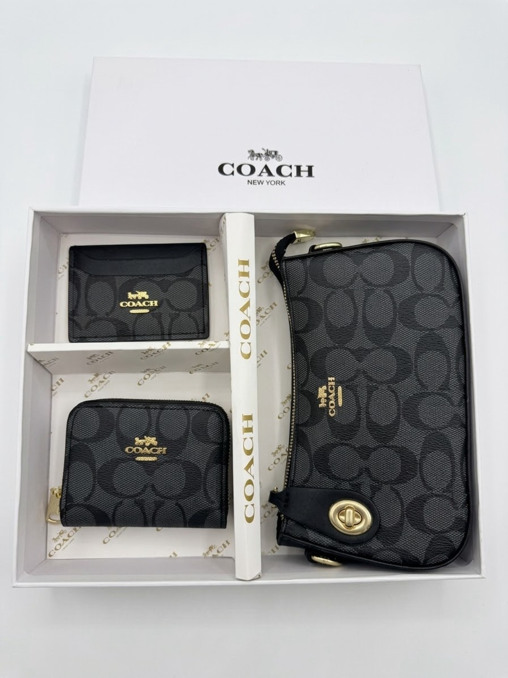 COACH Black Signature Canvas Wristlet, Card Case & Zip Pouch Set